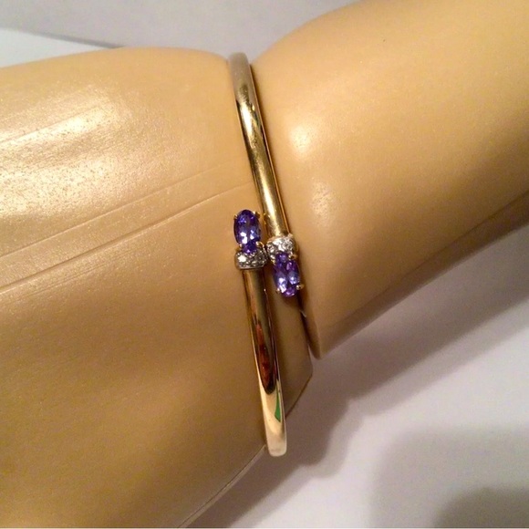 14K Iolite Diamond Bypass Bangle Bracelet - Picture 1 of 11